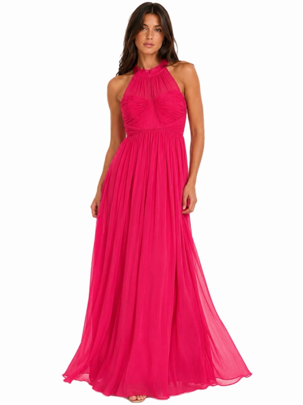 Y2K Vintage Coast High Neck Ruched Bust Chiffon Maxi Dress (Vivid Pink) Size 8